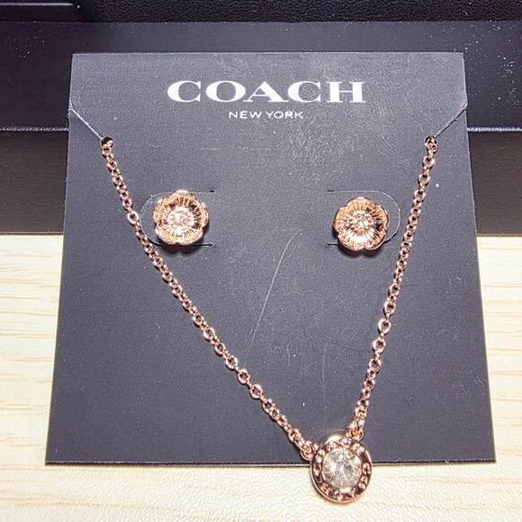 Coach New Open Circle Necklace and Tea Rose Stud Earrings Set - Picture 2 of 8